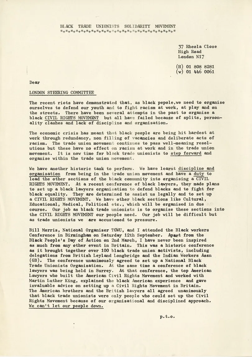 Preview image for Bernie Grant letter to BTUSM after rioting