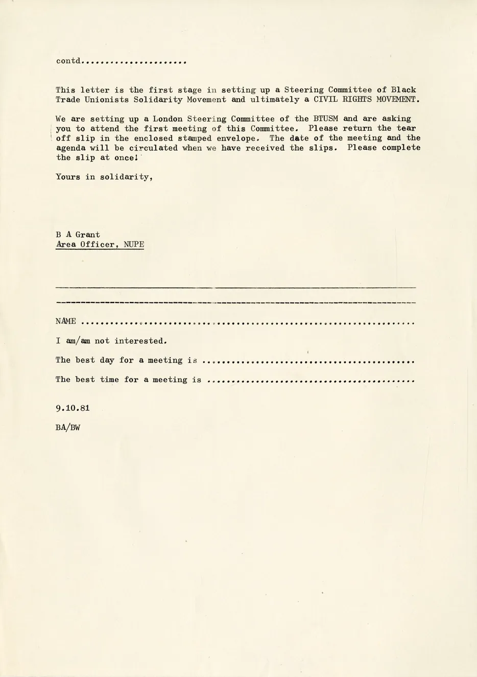 Preview of Bernie Grant letter to BTUSM after rioting [BG:BTU:1:1]